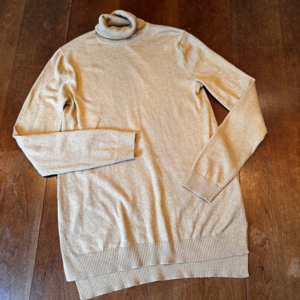 Gap Turtleneck Sweater Womens S Tall Tan Beige Merino Wool Blend High Low Hem